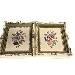 VTG Framed Embroidery Pair – Floral, Canada Retro Grannycore Cottagecore Folk